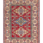 Full front view of red & green Kazak-inspired wool rug 21525.