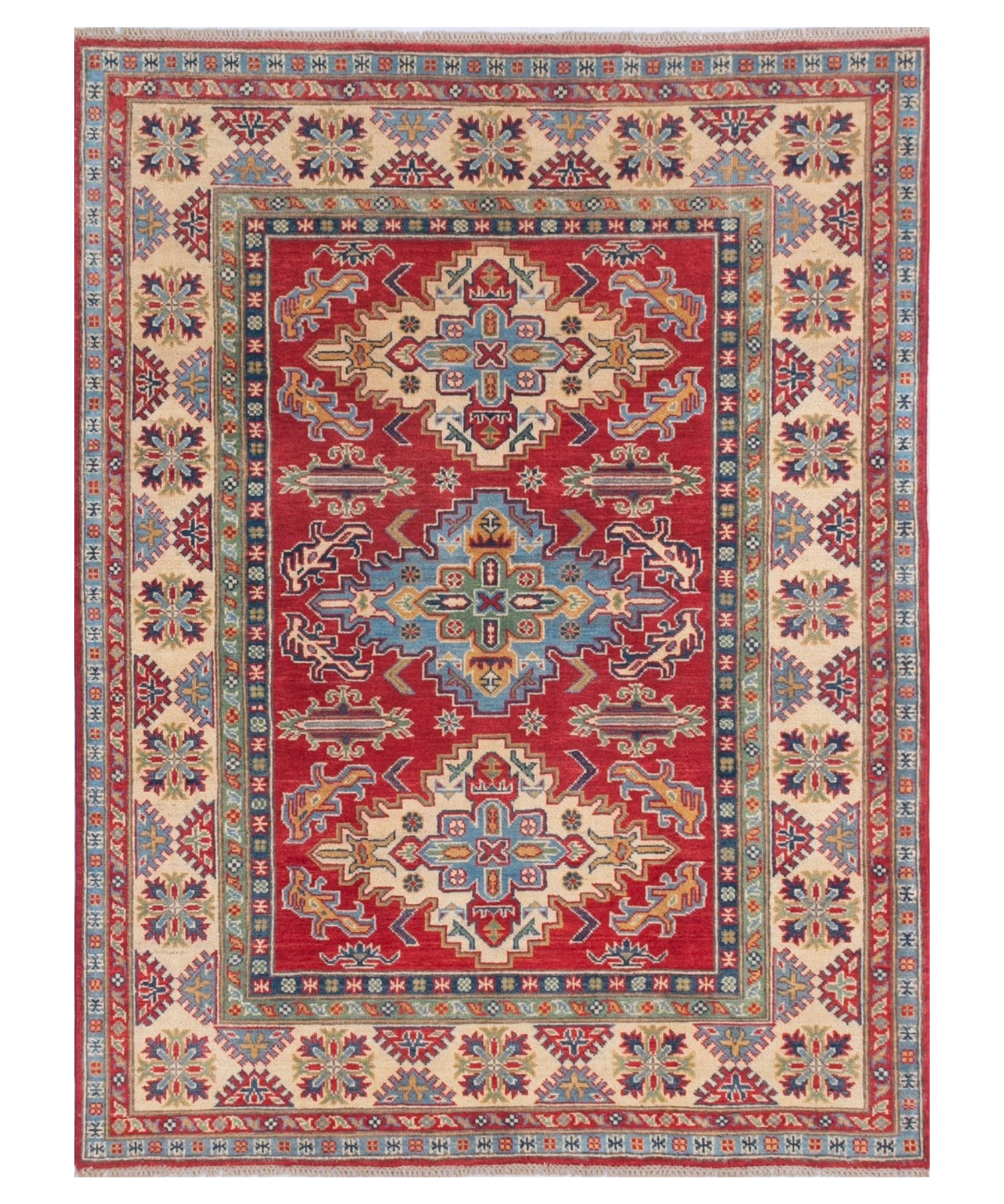 Full front view of red & green Kazak-inspired wool rug 21525.