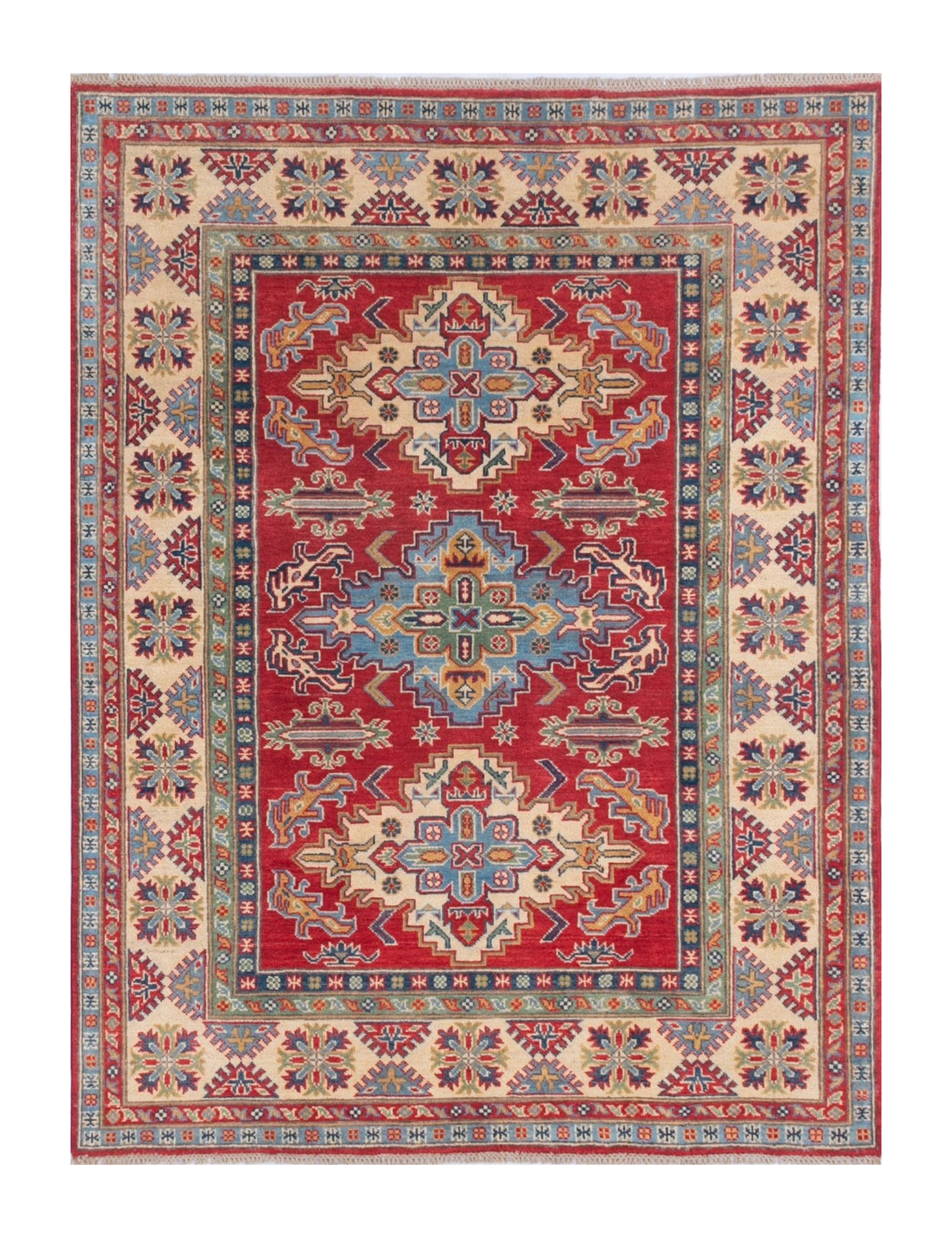 Full front view of red & green Kazak-inspired wool rug 21525.