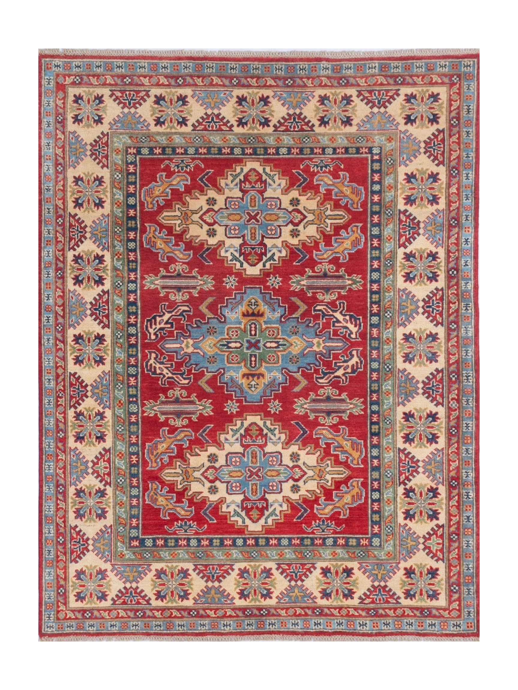 Full front view of red & green Kazak-inspired wool rug 21525.