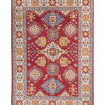 Full front view of red & blue Kazak-inspired wool rug 21473.