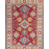 Full front view of red & blue Kazak-inspired wool rug 21473.