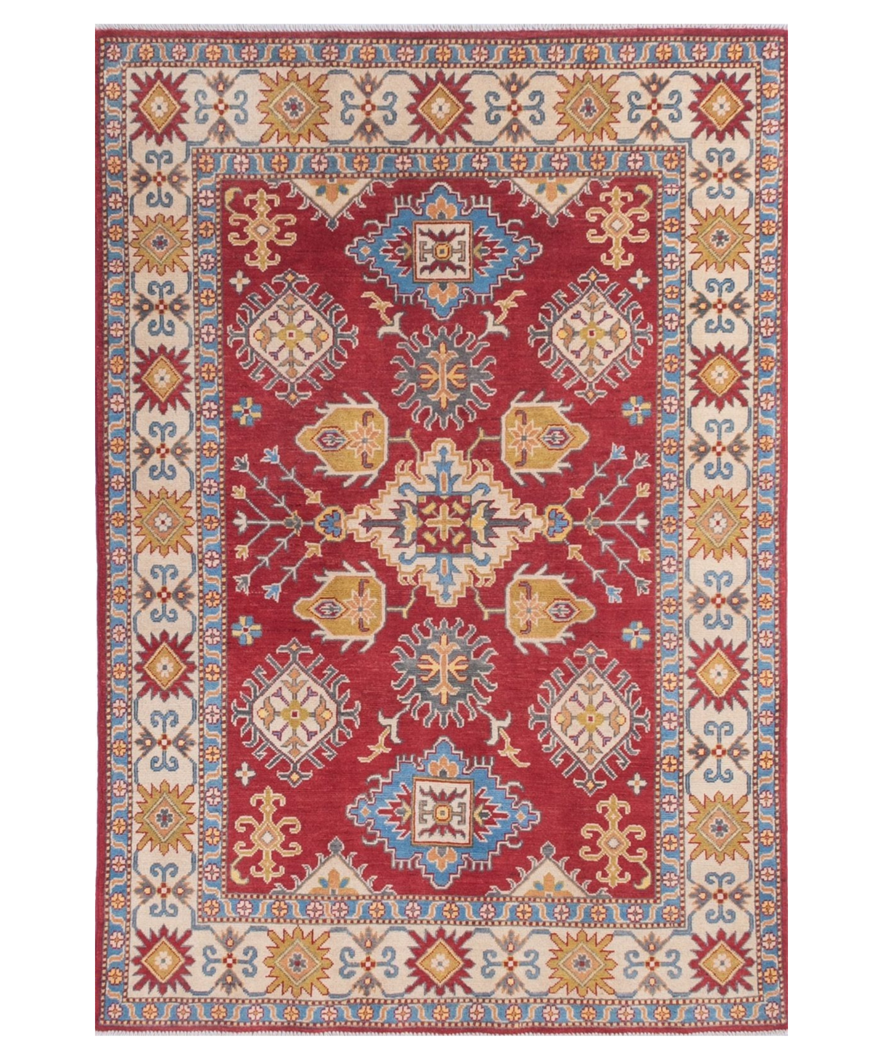 Full front view of red & blue Kazak-inspired wool rug 21473.