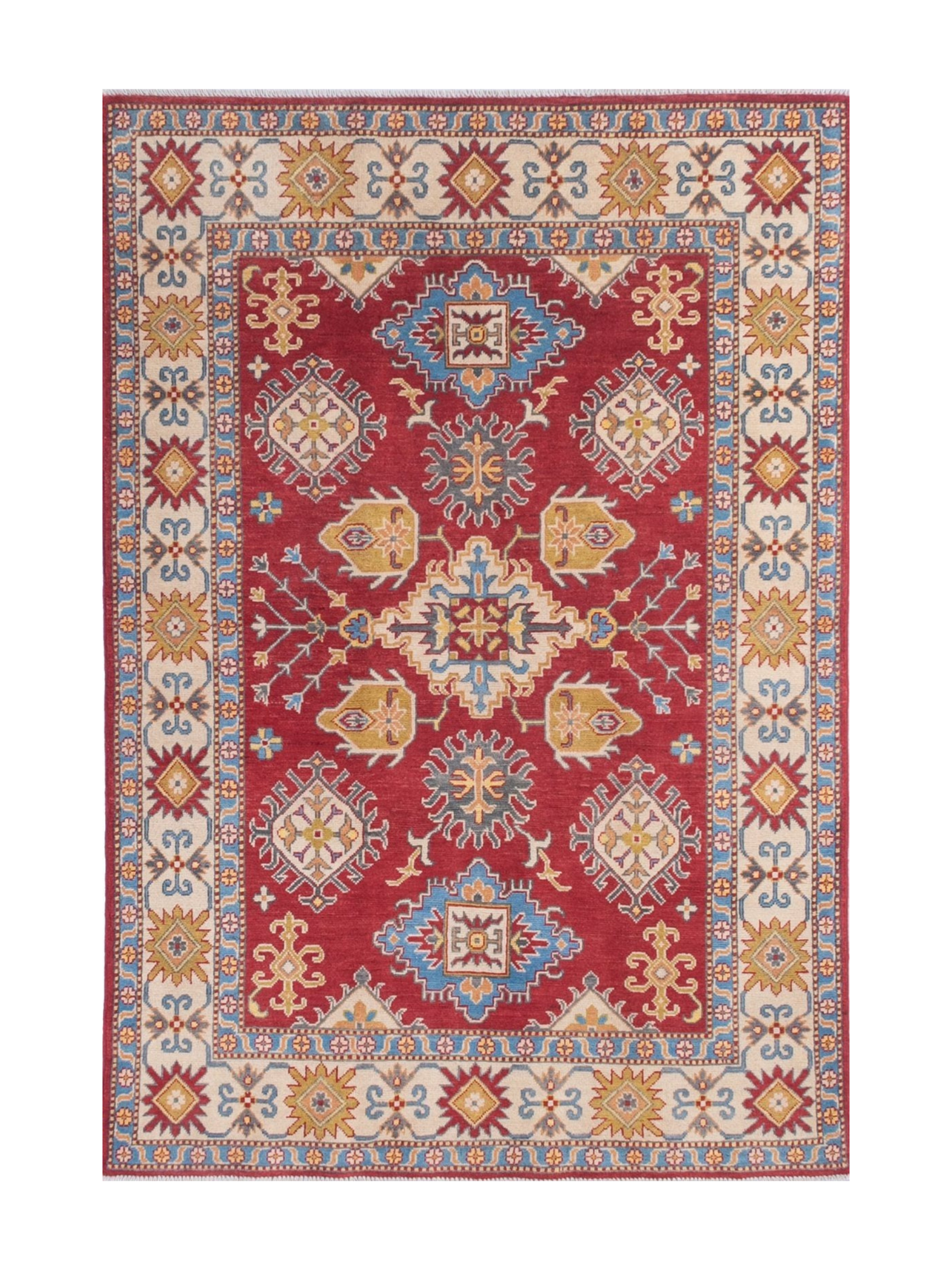 Full front view of red & blue Kazak-inspired wool rug 21473.