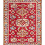 Full front view of red & yellow Kazak-inspired wool rug 21471.