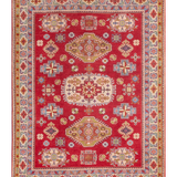 Full front view of red & yellow Kazak-inspired wool rug 21471.