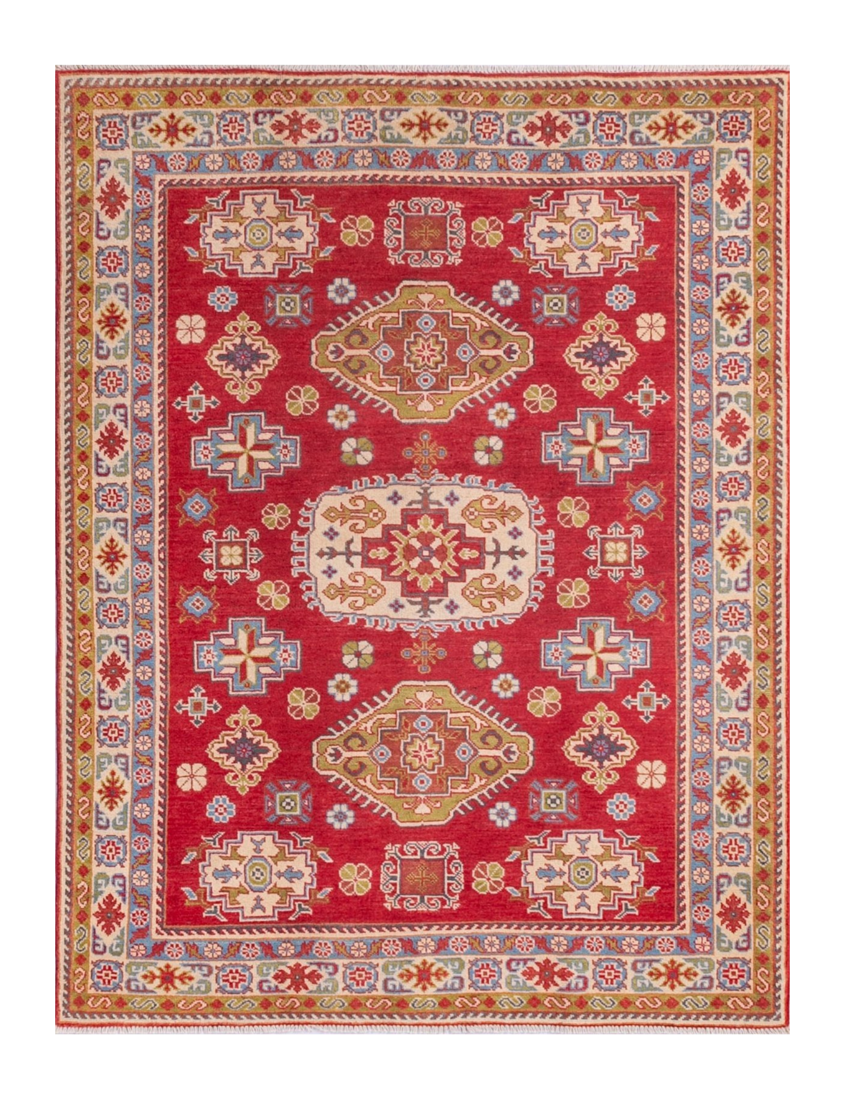 Full front view of red & yellow Kazak-inspired wool rug 21471.
