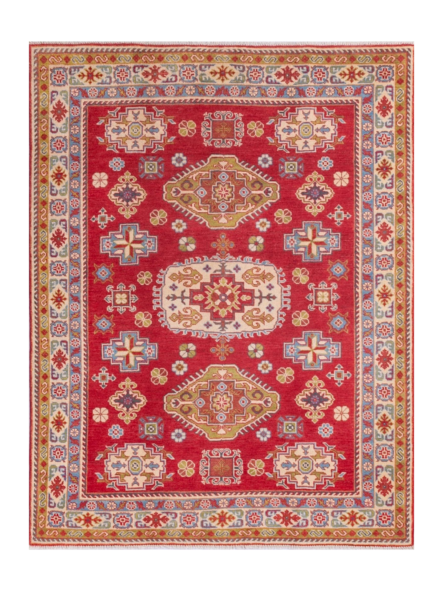 Full front view of red & yellow Kazak-inspired wool rug 21471.