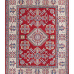 Full front view of red & blue Kazak-inspired wool rug 21425.