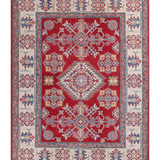 Full front view of red & blue Kazak-inspired wool rug 21425.