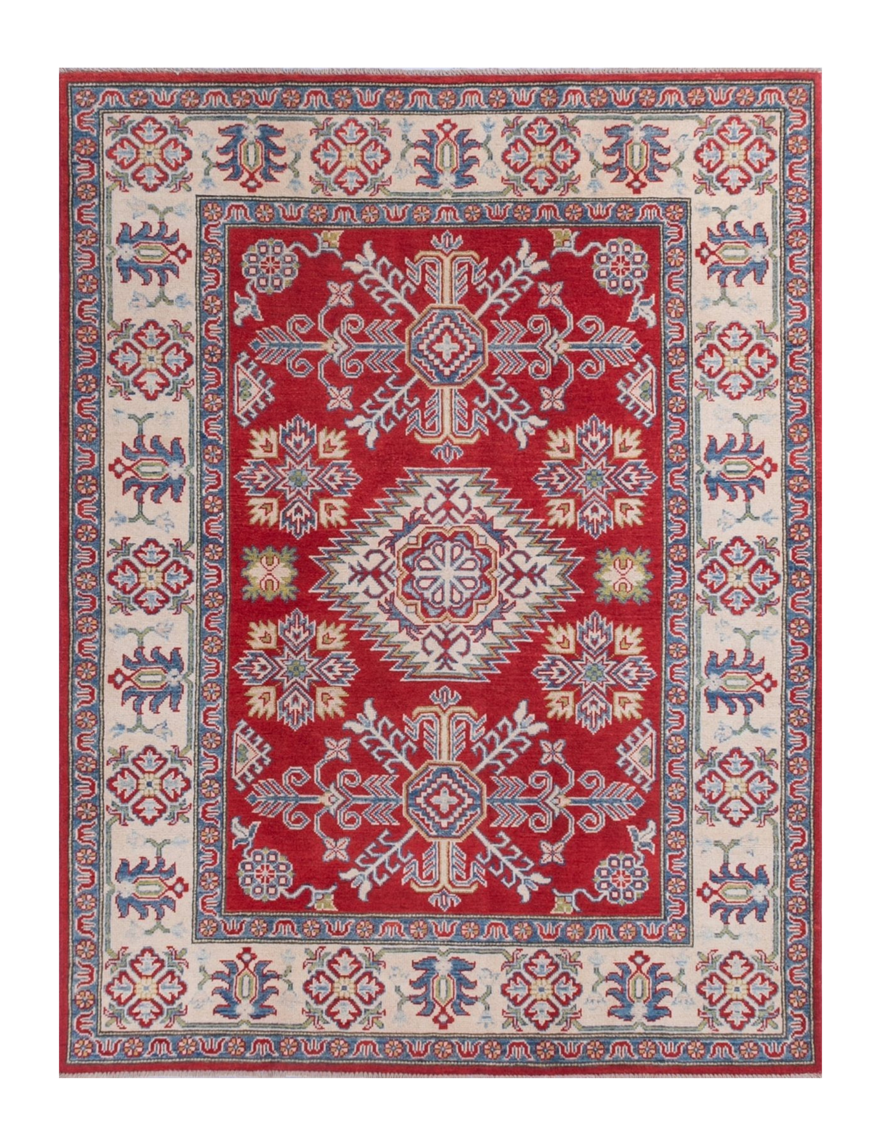 Full front view of red & blue Kazak-inspired wool rug 21425.