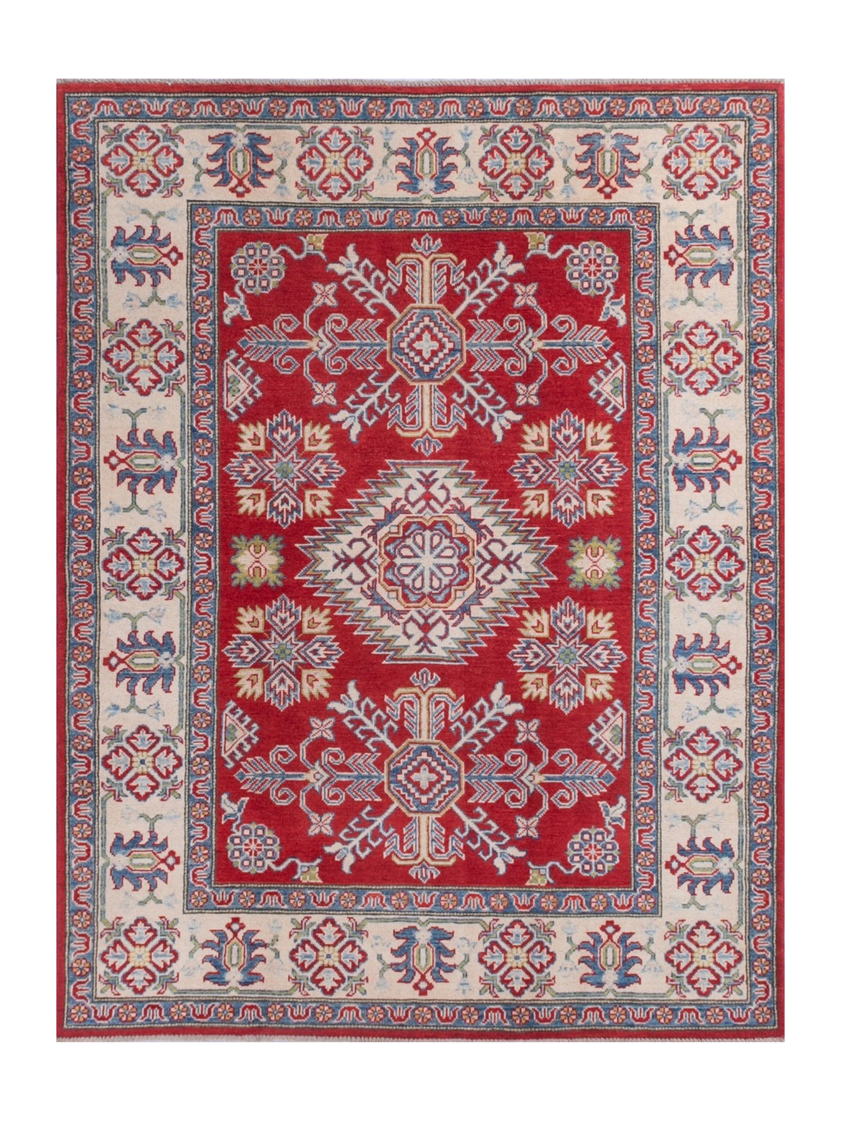 Full front view of red & blue Kazak-inspired wool rug 21425.