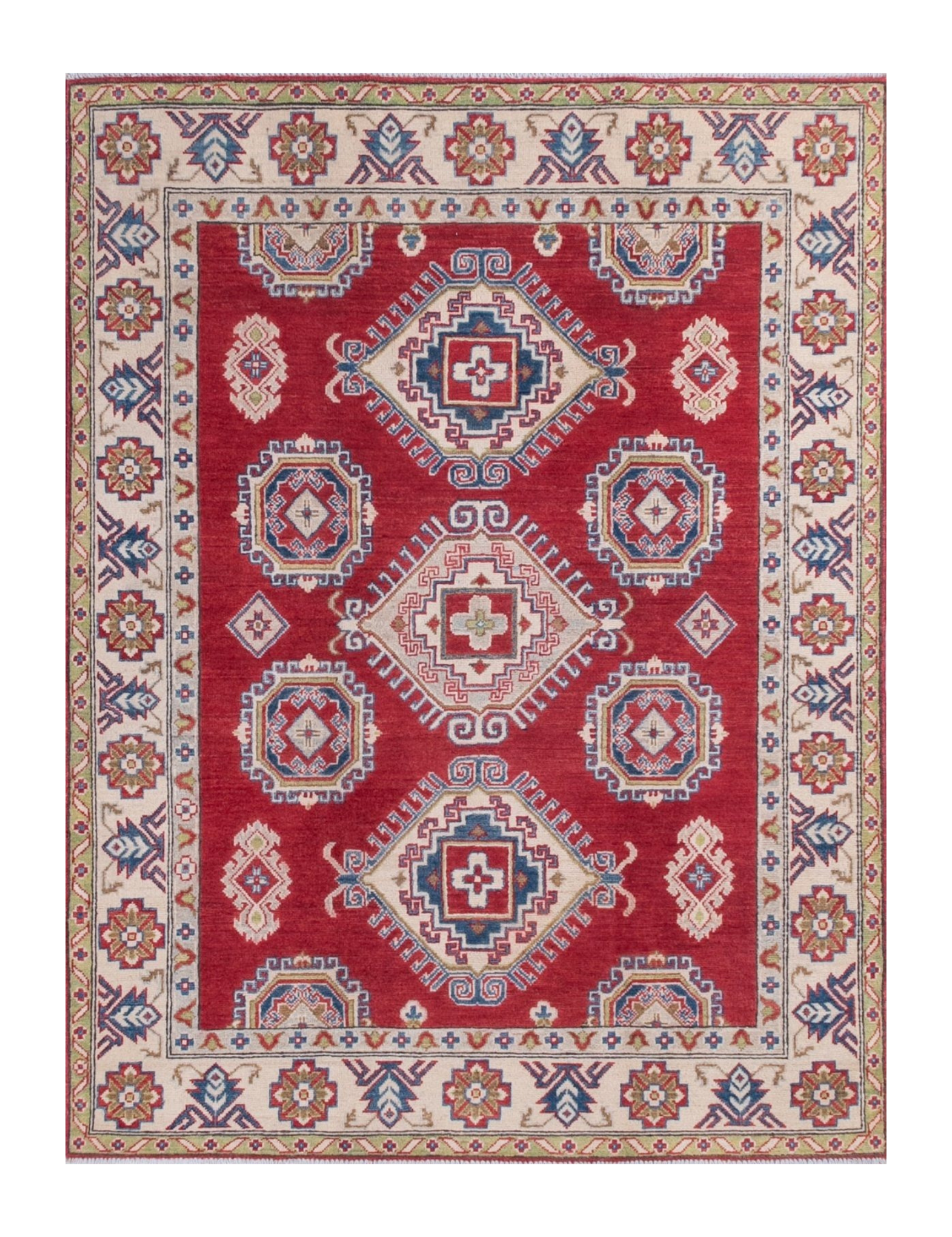 Full front view of red & ivory Kazak-inspired wool rug 21424.