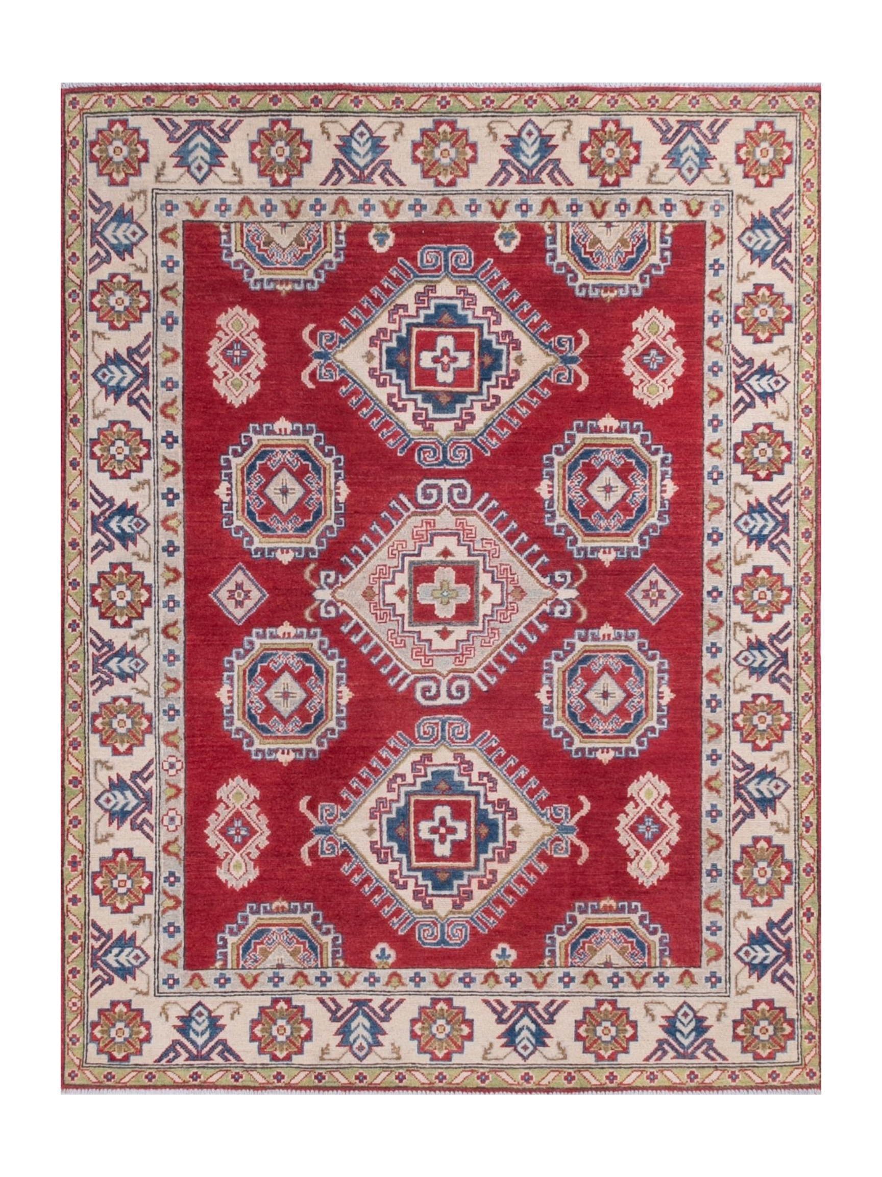 Full front view of red & ivory Kazak-inspired wool rug 21424.