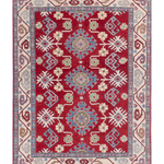 Full front view of red & blue Kazak-inspired wool rug 21423.