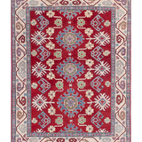 Full front view of red & blue Kazak-inspired wool rug 21423.