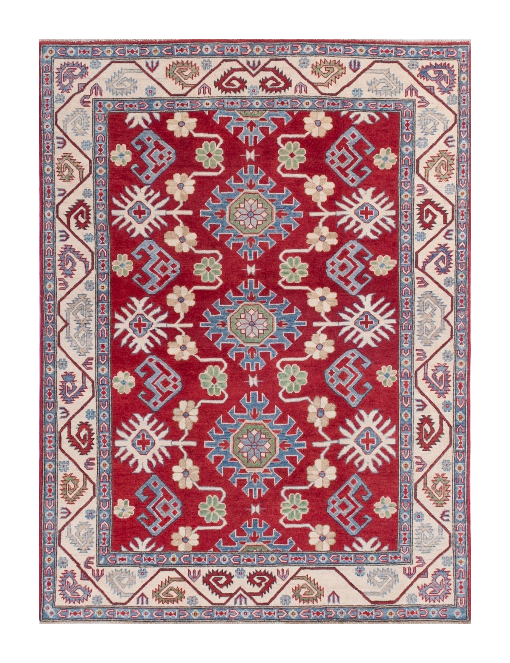 Full front view of red & blue Kazak-inspired wool rug 21423.