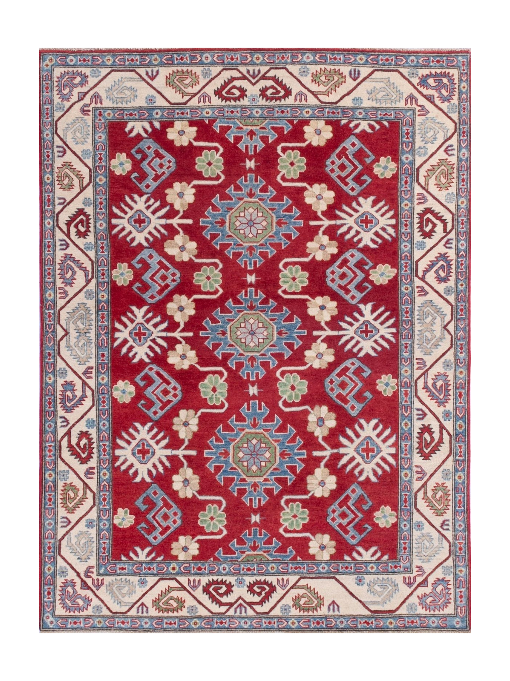 Full front view of red & blue Kazak-inspired wool rug 21423.