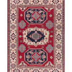Full front view of red & blue Kazak-inspired wool rug 21421.