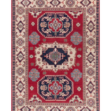 Full front view of red & blue Kazak-inspired wool rug 21421.