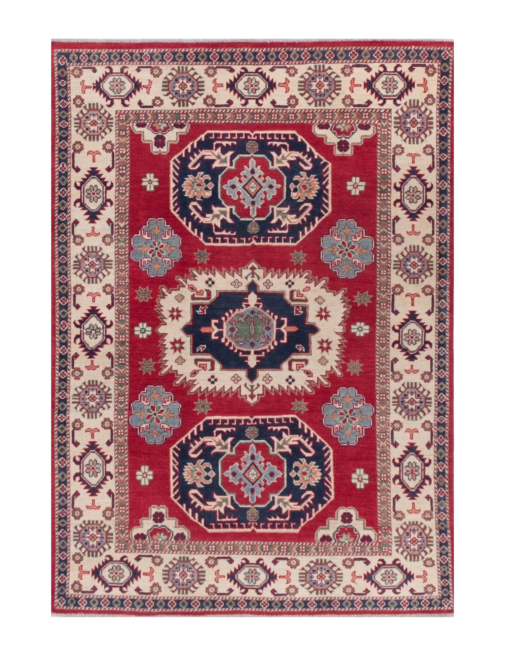 Full front view of red & blue Kazak-inspired wool rug 21421.