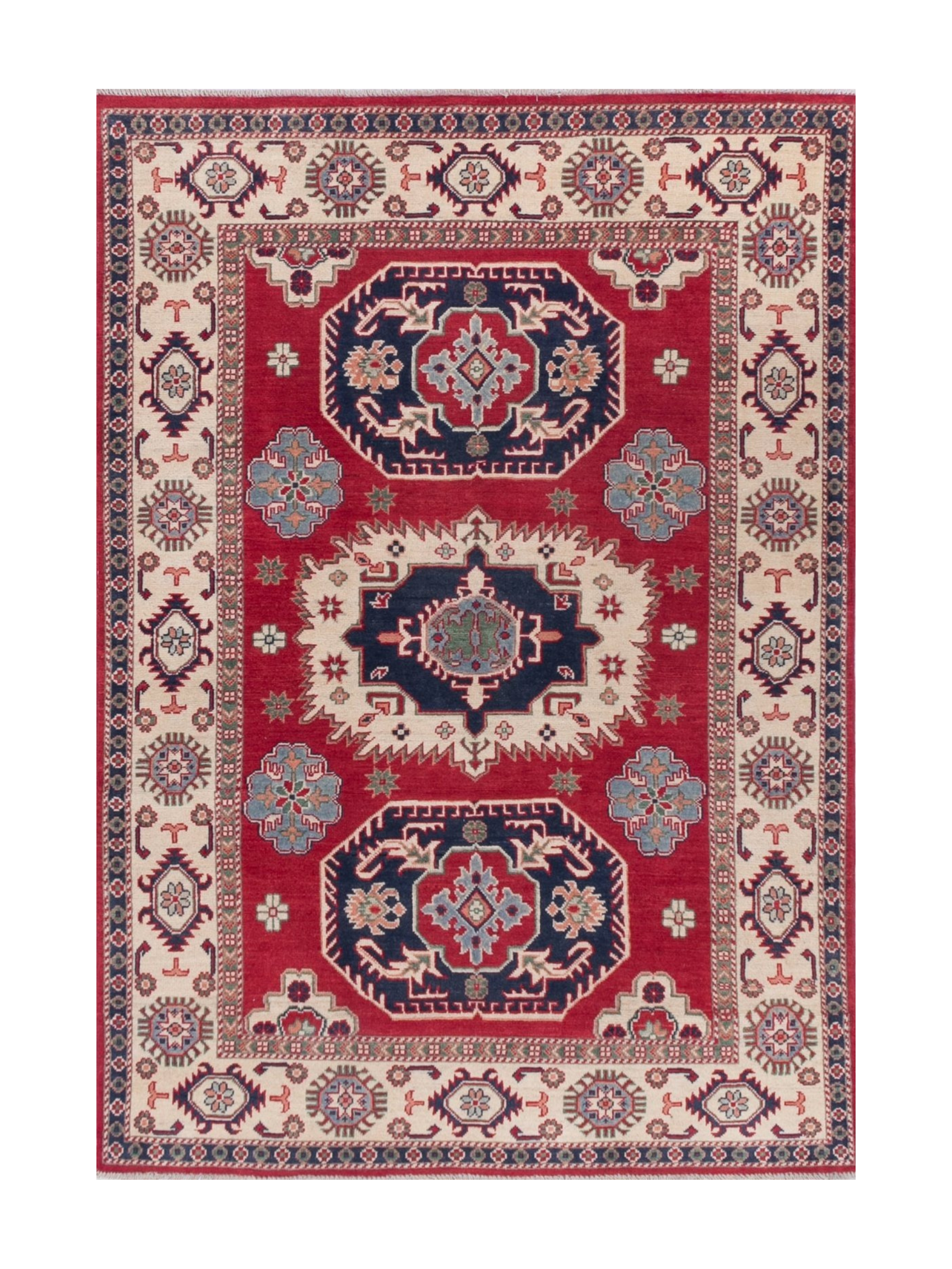 Full front view of red & blue Kazak-inspired wool rug 21421.