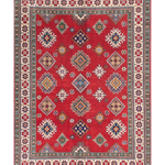 Full front view of red & blue Kazak-inspired wool rug 21414.