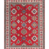 Full front view of red & blue Kazak-inspired wool rug 21414.