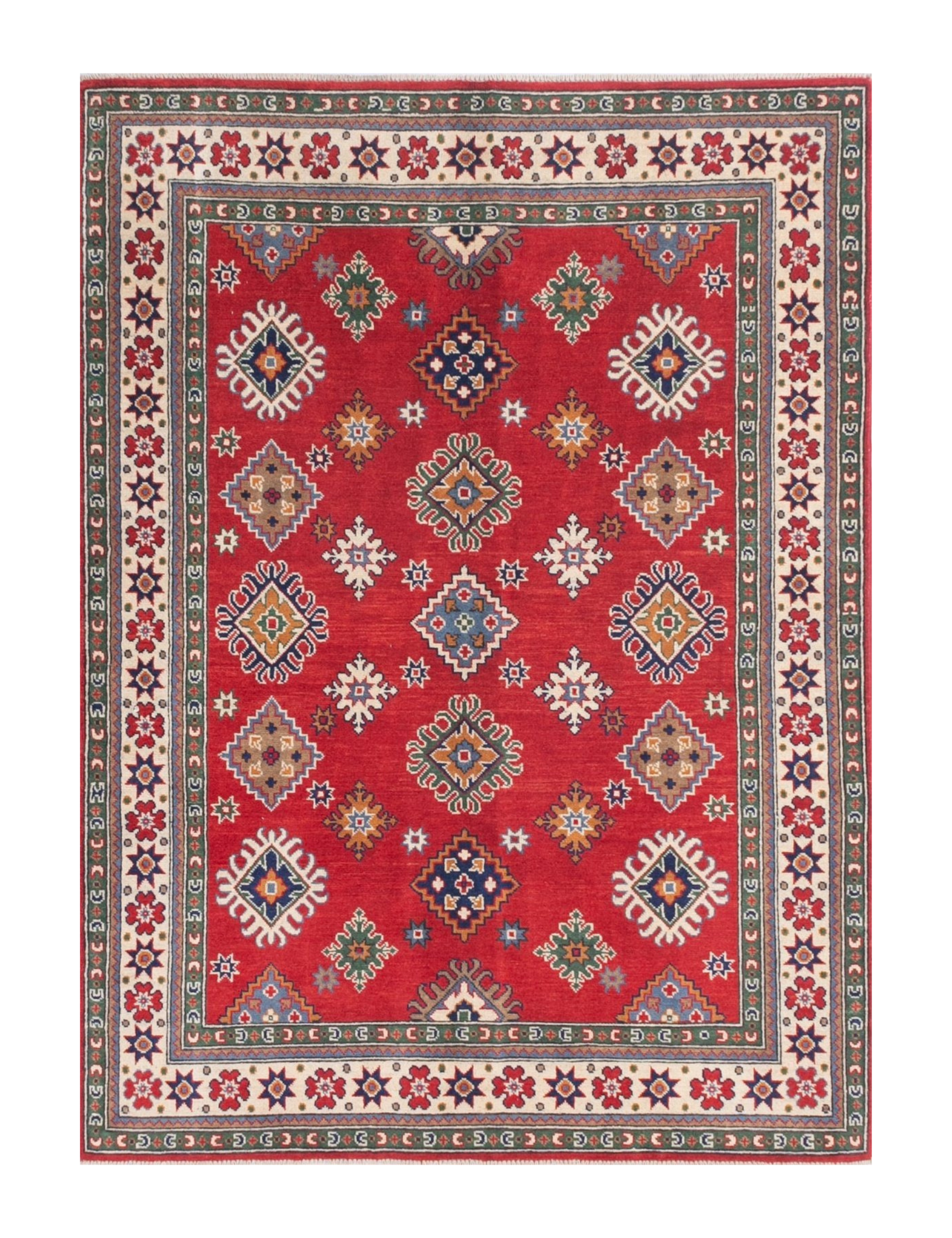 Full front view of red & blue Kazak-inspired wool rug 21414.