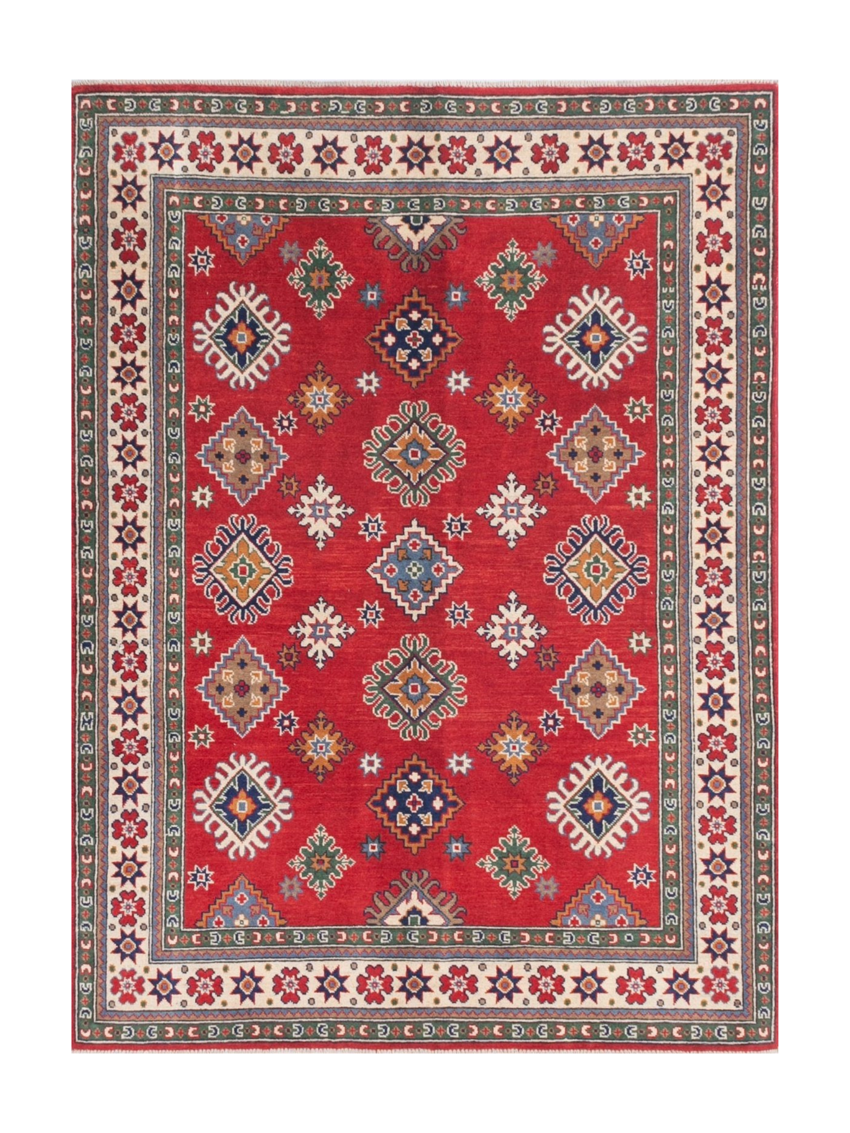 Full front view of red & blue Kazak-inspired wool rug 21414.