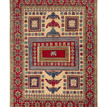 Full front view of ivory & red Kazak-inspired wool rug 19311.