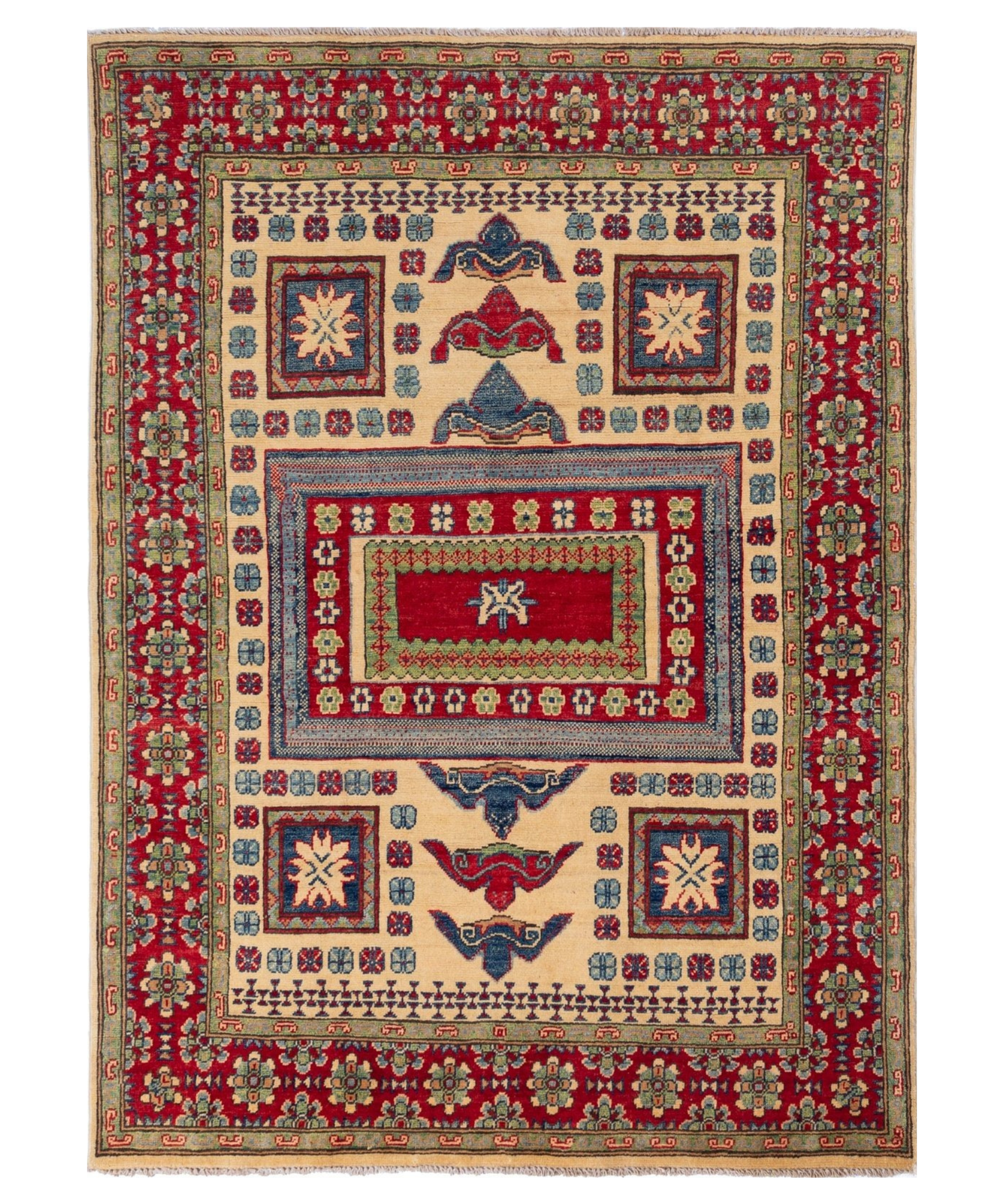 Full front view of ivory & red Kazak-inspired wool rug 19311.