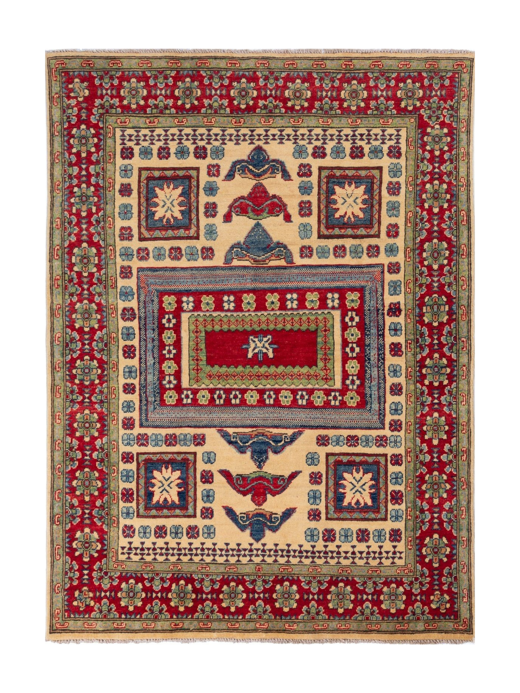 Full front view of ivory & red Kazak-inspired wool rug 19311.