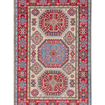 Full front view of ivory & red Kazak-inspired wool rug 29652.