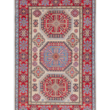 Full front view of ivory & red Kazak-inspired wool rug 29652.