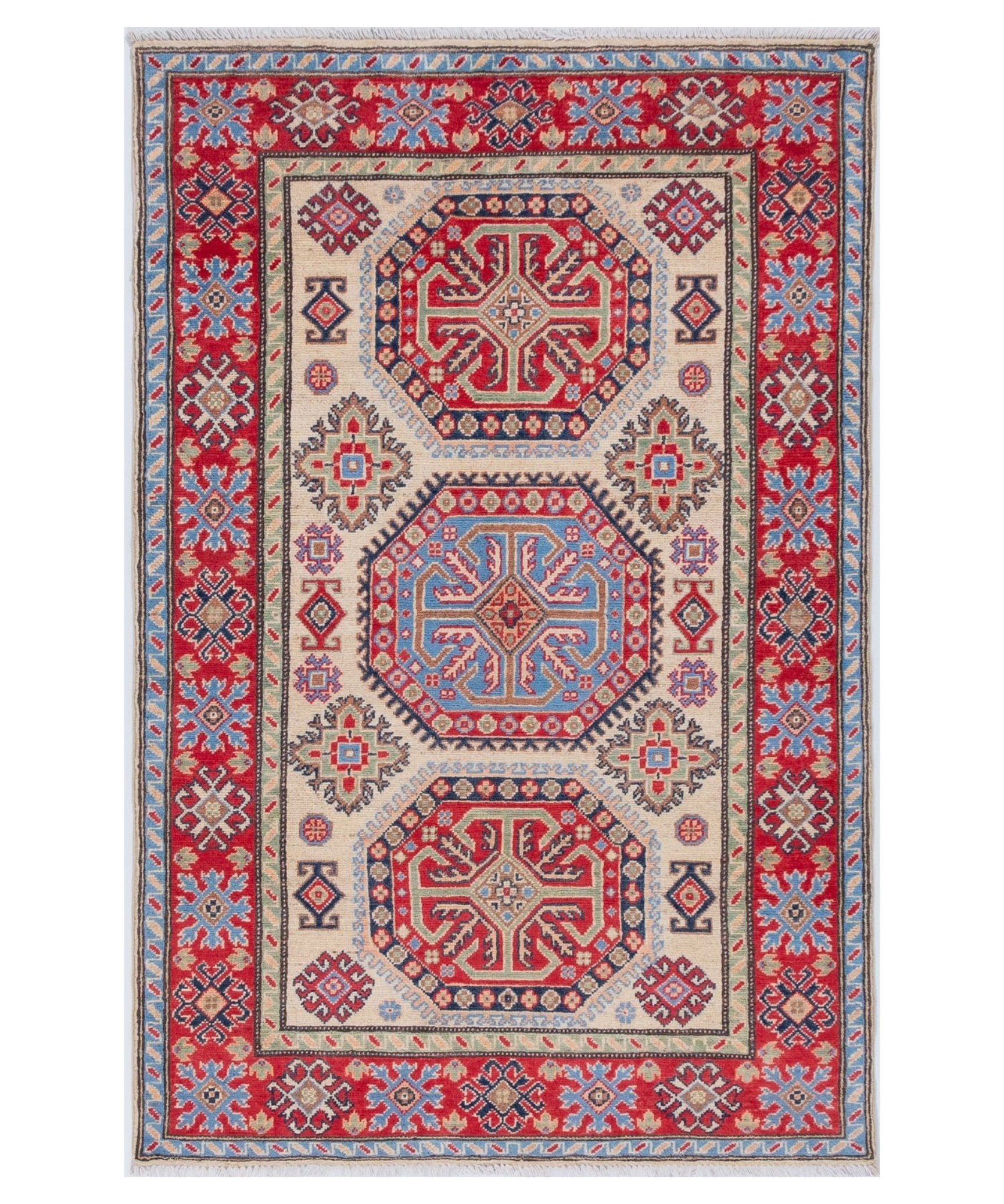 Full front view of ivory & red Kazak-inspired wool rug 29652.