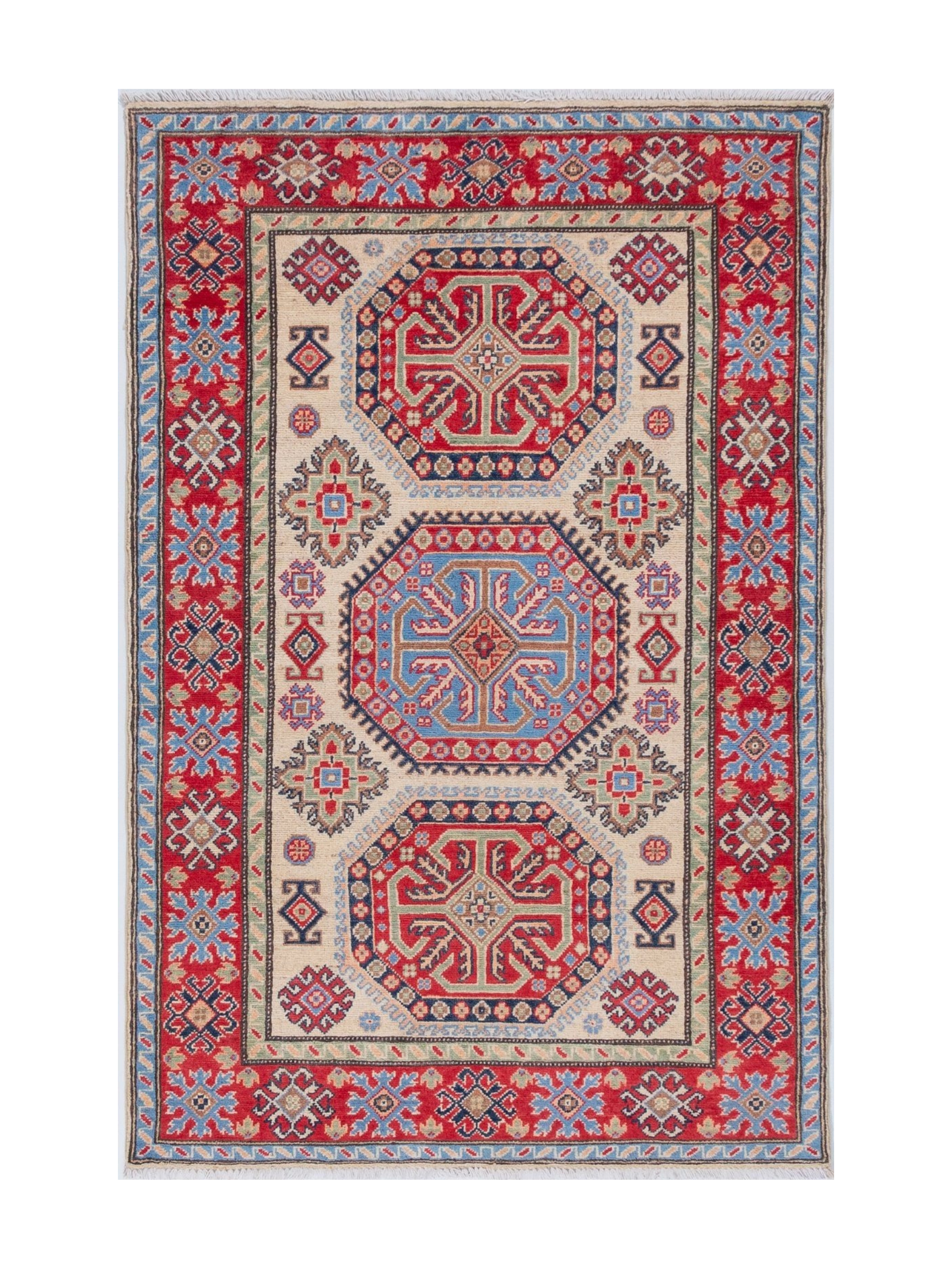 Full front view of ivory & red Kazak-inspired wool rug 29652.