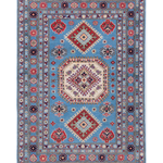 Full front view of blue & ivory Kazak-inspired wool rug 29650.
