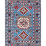 Full front view of blue & ivory Kazak-inspired wool rug 29650.