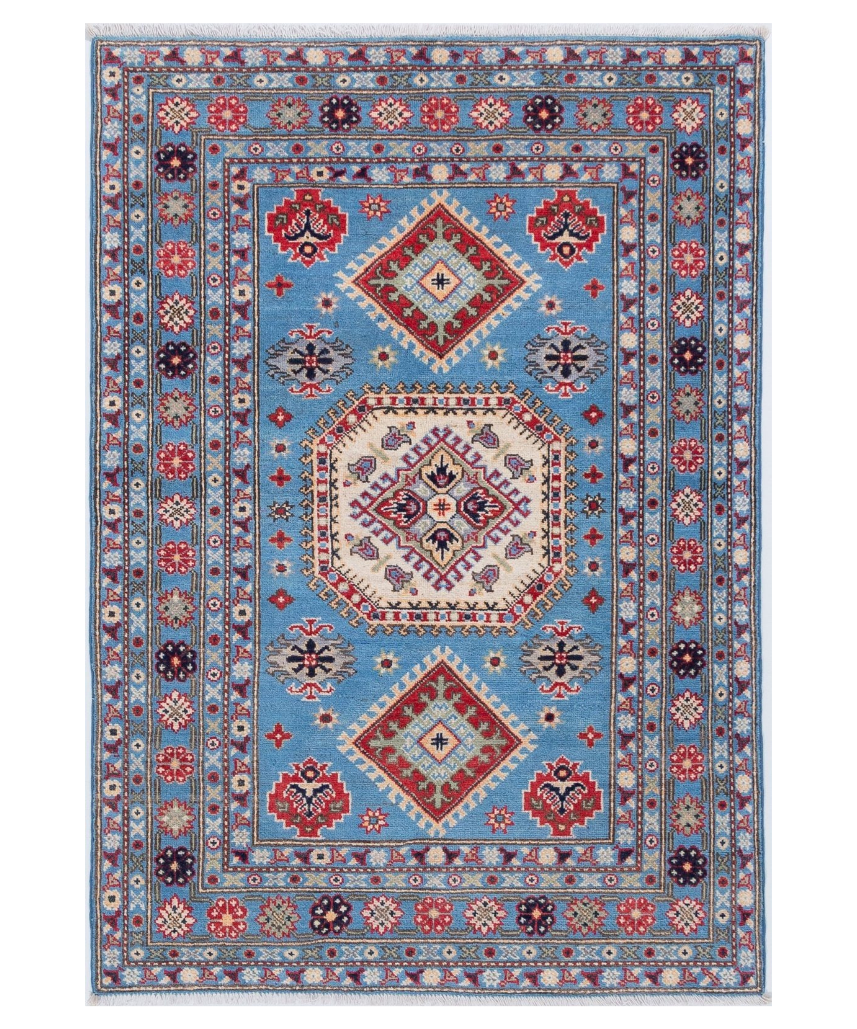 Full front view of blue & ivory Kazak-inspired wool rug 29650.