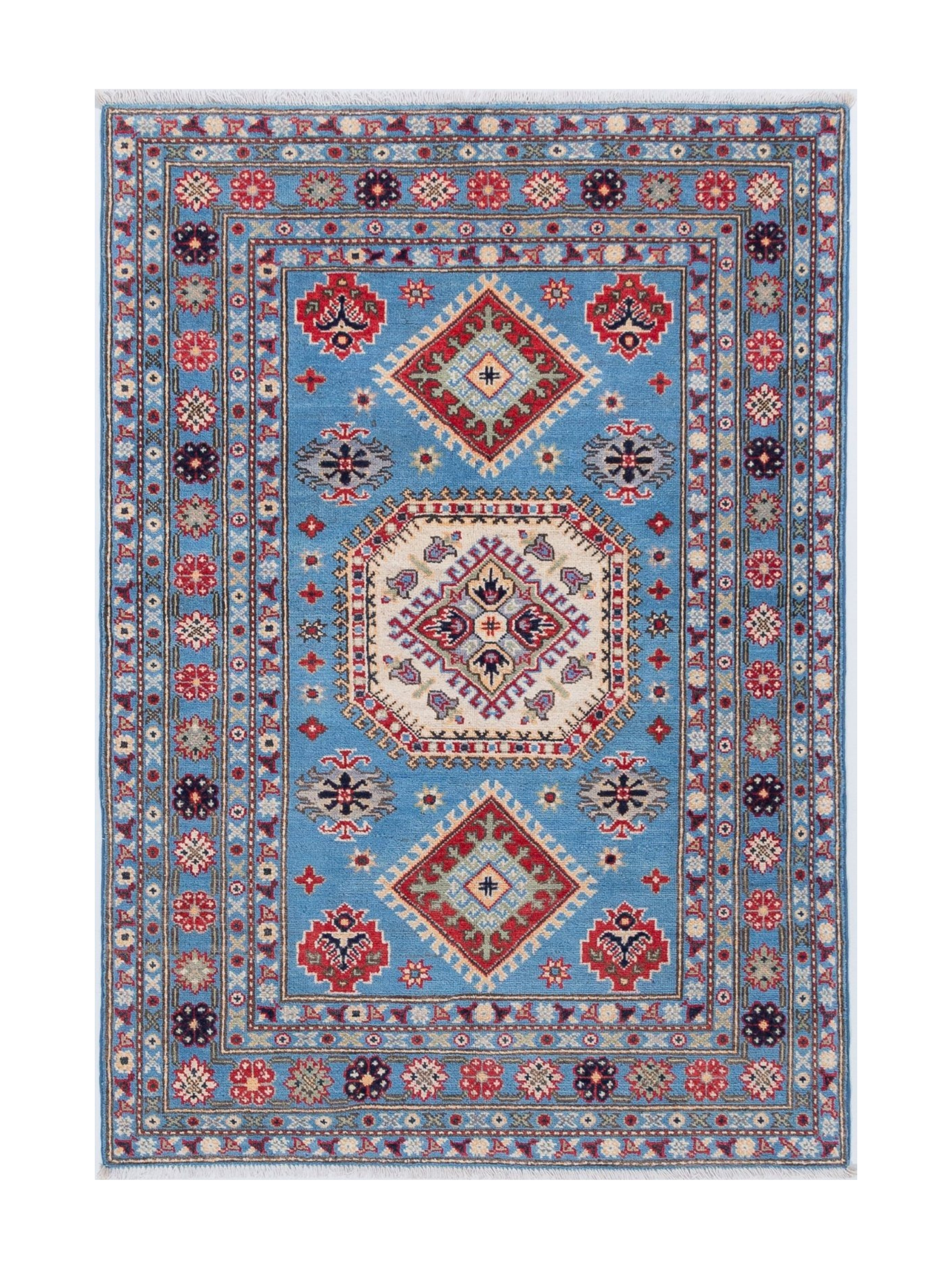 Full front view of blue & ivory Kazak-inspired wool rug 29650.