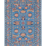 Full front view of blue & red Kazak-inspired wool rug 29649.