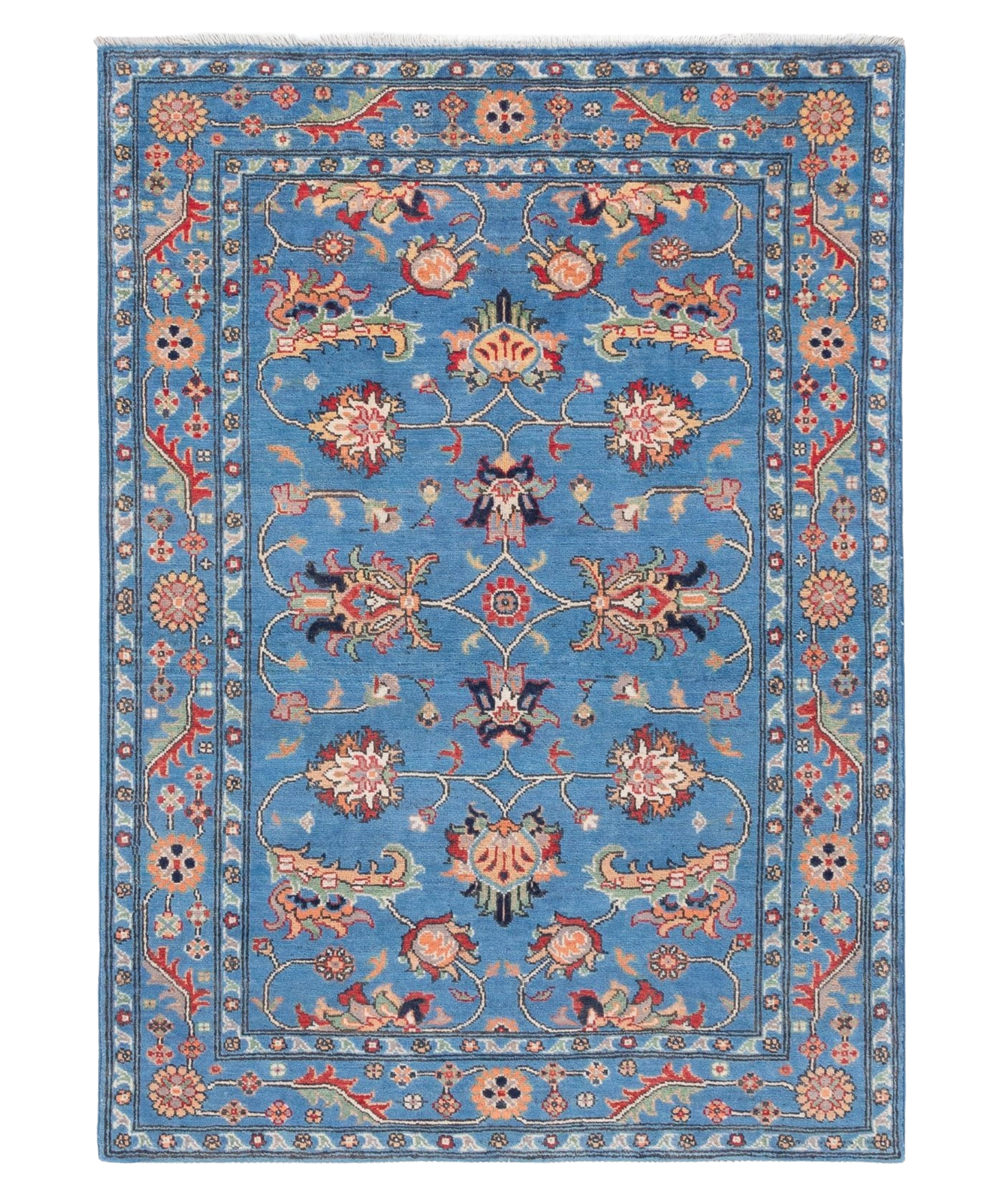 Full front view of blue & red Kazak-inspired wool rug 29649.