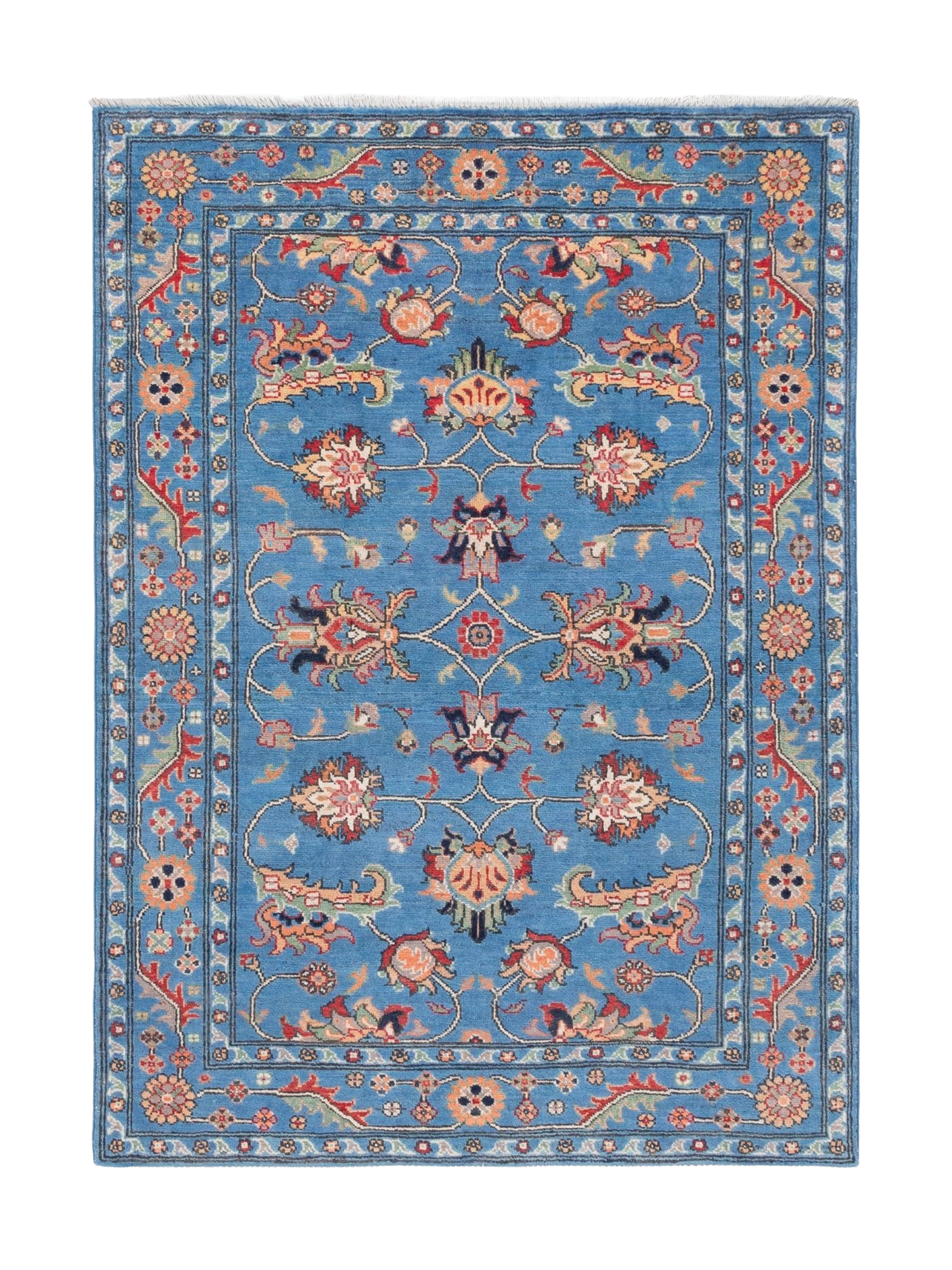 Full front view of blue & red Kazak-inspired wool rug 29649.