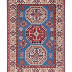 Full front view of blue & red Kazak-inspired wool rug 29648.