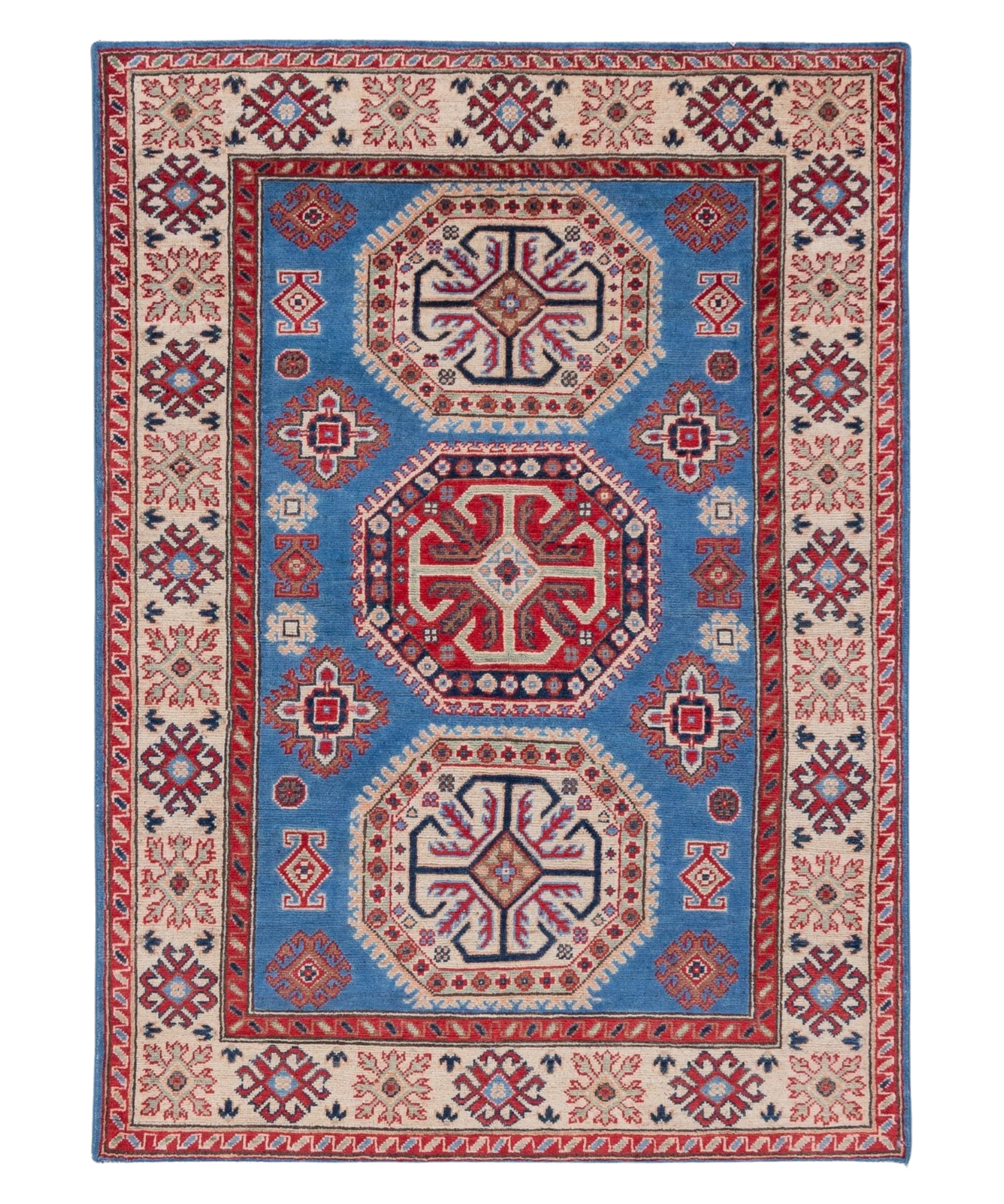 Full front view of blue & red Kazak-inspired wool rug 29648.