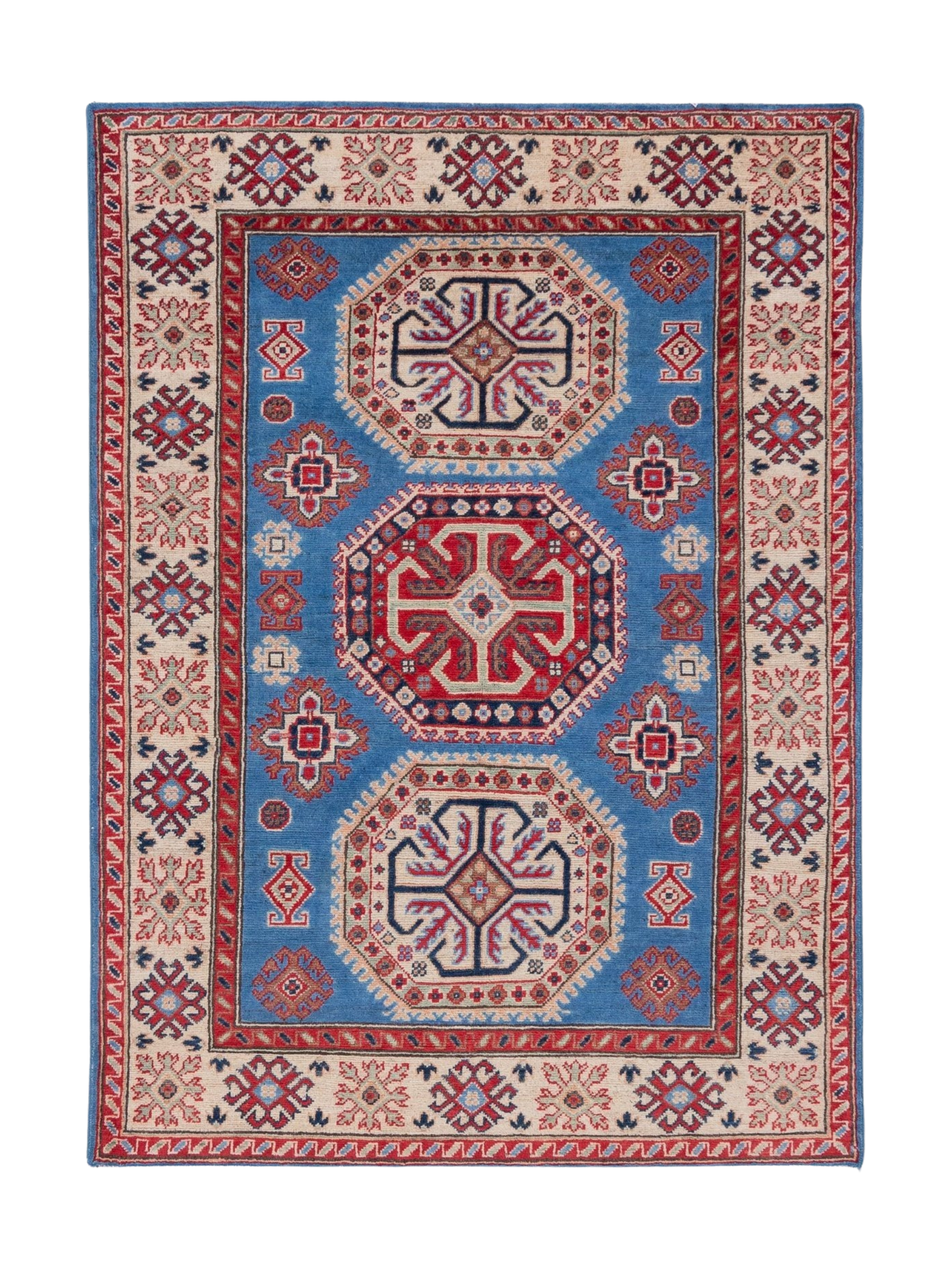 Full front view of blue & red Kazak-inspired wool rug 29648.