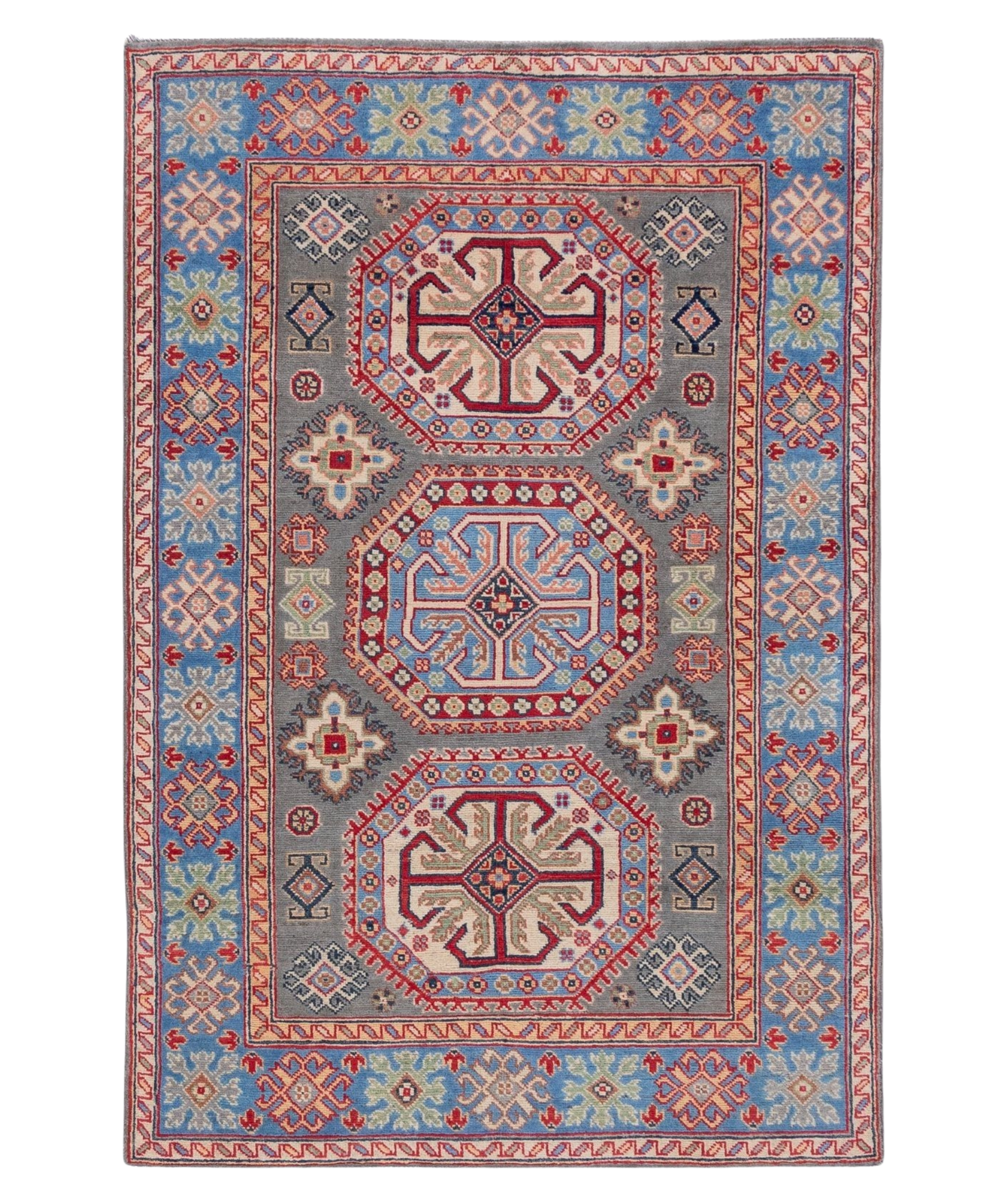Full front view of blue & ivory Kazak-inspired wool rug 29647.