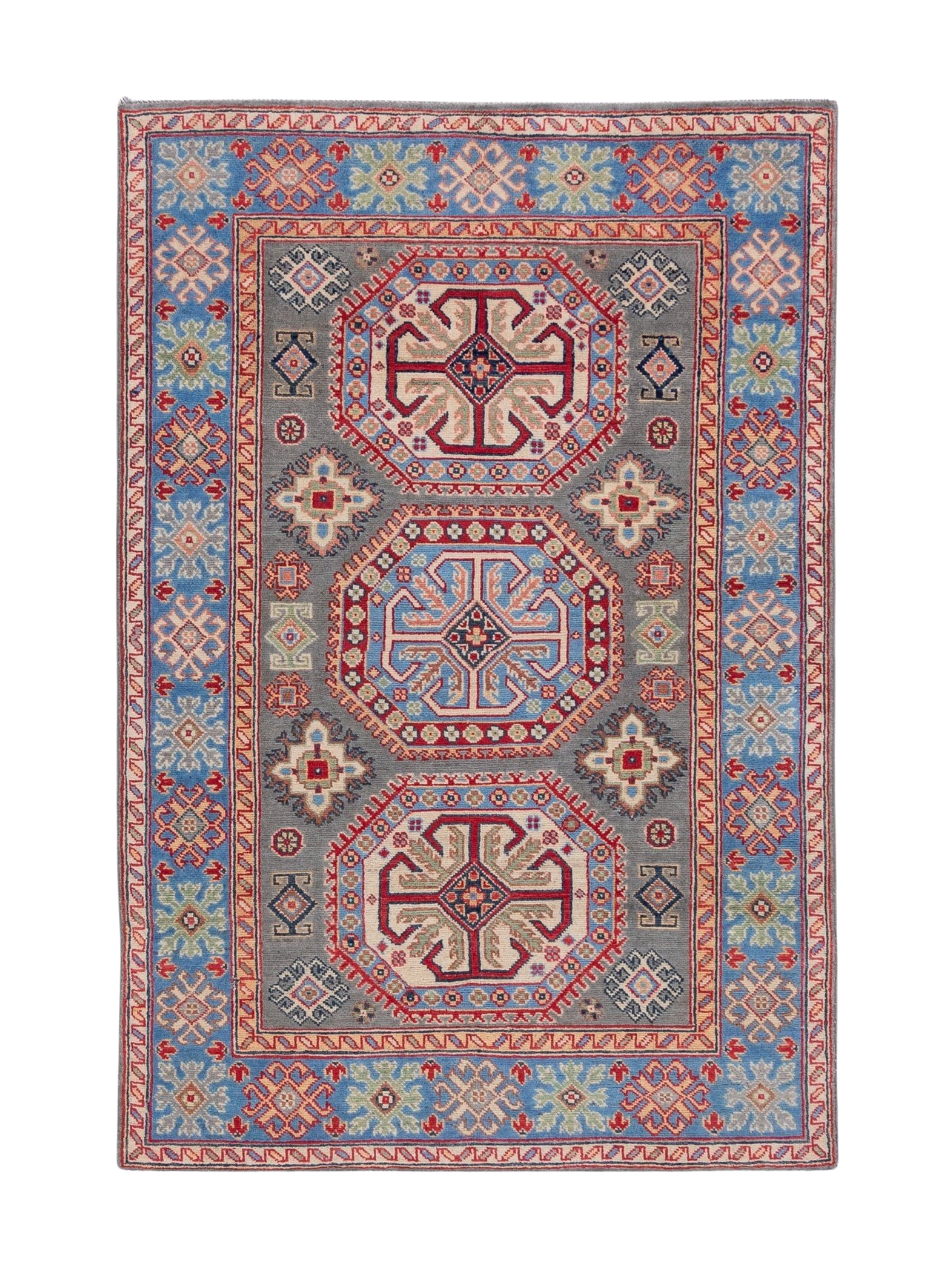 Full front view of blue & ivory Kazak-inspired wool rug 29647.