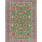 Full front view of green & ivory Kazak-inspired wool rug 29646.